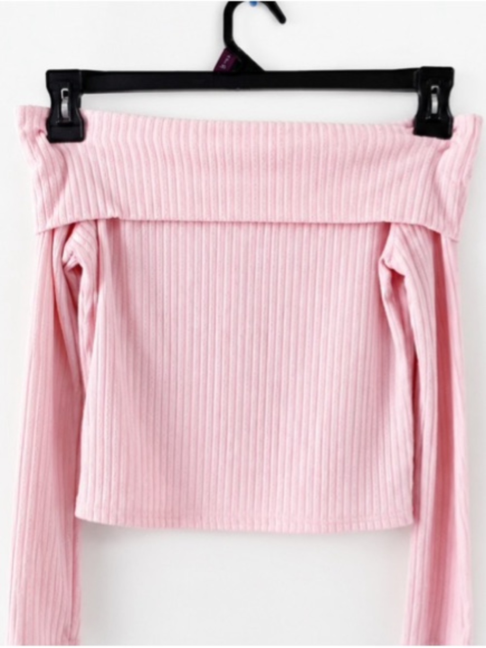 SHEIN Pink Off-Shoulder Ribbed Long Sleeve Top